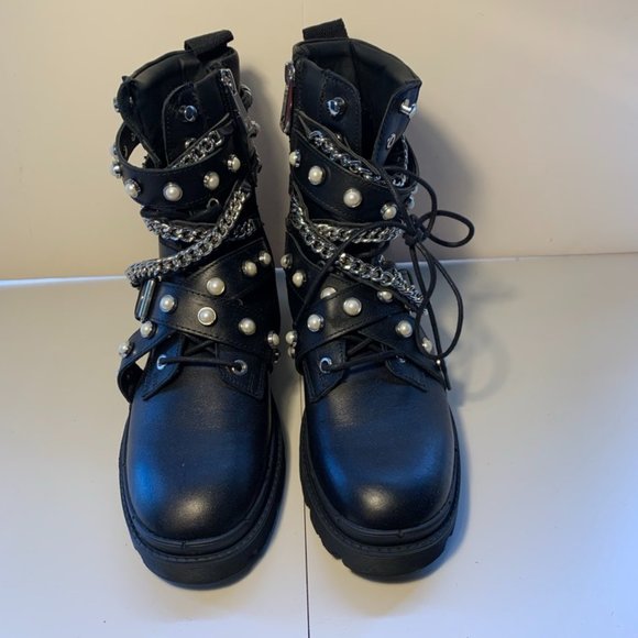 Zara Shoes Zaras Multi Chain Combat Boot In Black Leather Never
